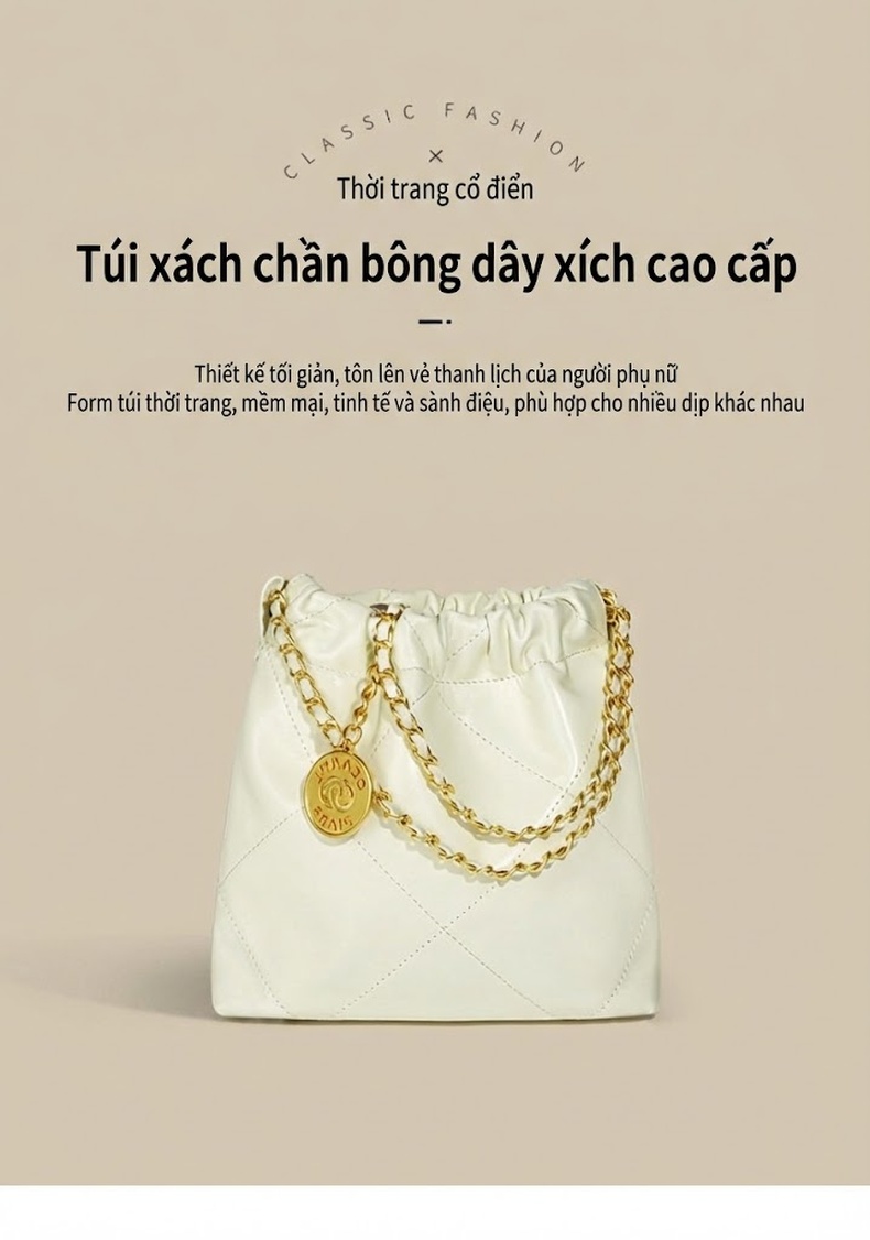 Túi Xách Nữ Da Bóng Dáng Thùng Quai Xích Đeo Vai Màu Nâu, Trắng chi tiết 2