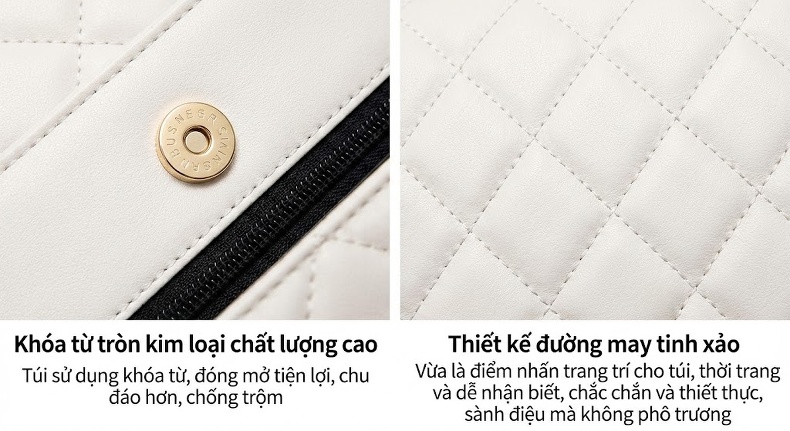 Túi Xách Nữ Da Bóng Dáng Thùng Quai Xích Đeo Vai Màu Nâu, Trắng chi tiết 8