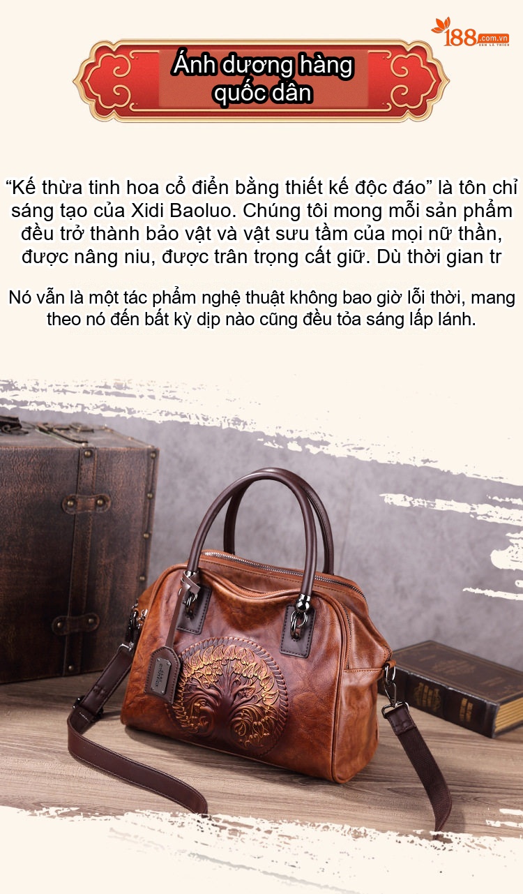 Túi Xách Nữ Da Bóng Dập Vân Họa Tiết Cổ Điển Phong Cách Âu Mỹ Có Dây Đeo Vai Màu Nâu chi tiết 2