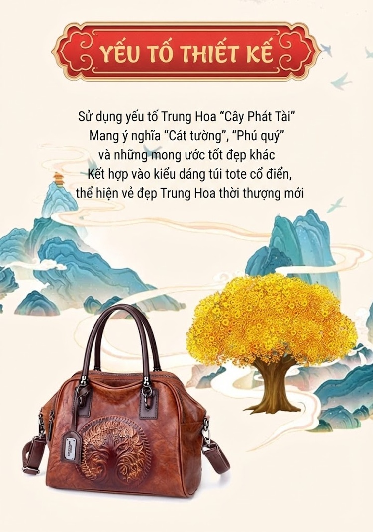 Túi Xách Nữ Da Bóng Dập Vân Họa Tiết Cổ Điển Phong Cách Âu Mỹ Có Dây Đeo Vai Màu Nâu chi tiết 3