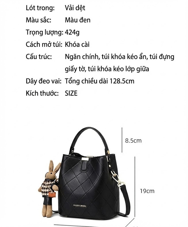 Túi Xách Nữ Da Bóng Đeo Chéo Dáng Xô Thời Trang Màu Đen chi tiết 3