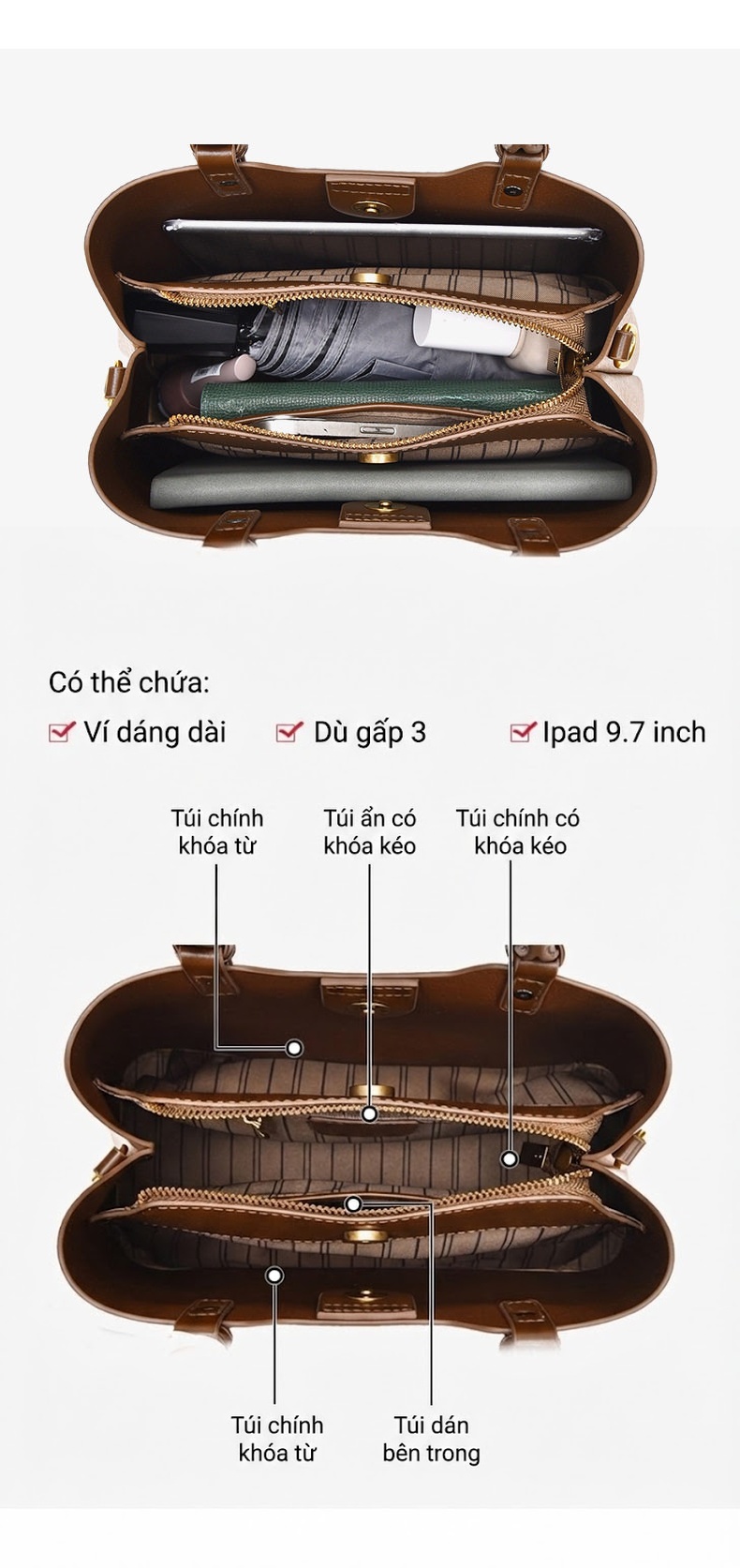 Túi Xách Nữ Da Bóng Đeo Chéo/Xách Tay/Đeo Vai Sức Chứa Lớn Màu Nâu, Be chi tiết 3
