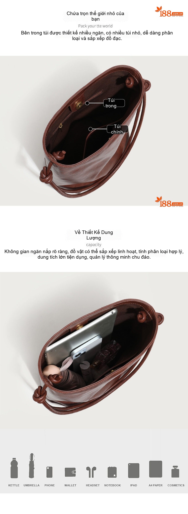 Túi Xách Nữ Da Bóng Đeo Vai/Đeo Chéo Dáng Thùng Lớn Màu Đen, Nâu chi tiết 5