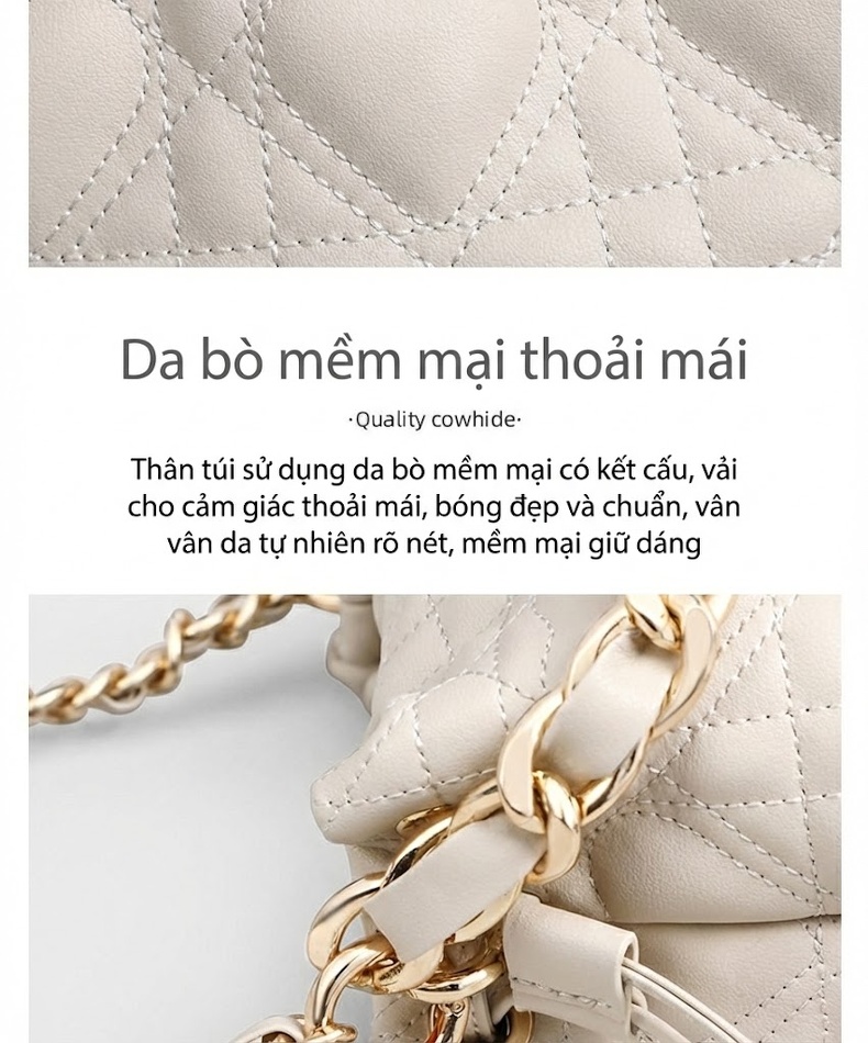 Túi Xách Nữ Da Bóng Đeo Vai Đeo Chéo Dáng Xô Quai Xích Màu Trắng Kem chi tiết 9