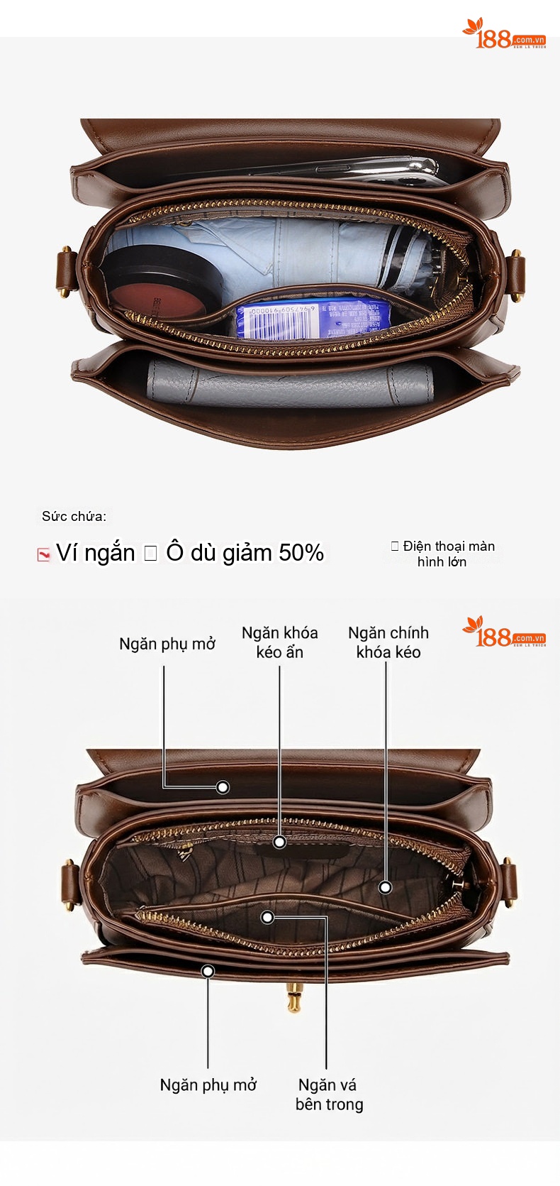 Túi Xách Nữ Da Bóng Đeo Vai Đeo Chéo Dáng Yên Ngựa Màu Nâu, Trắng Kem chi tiết 3