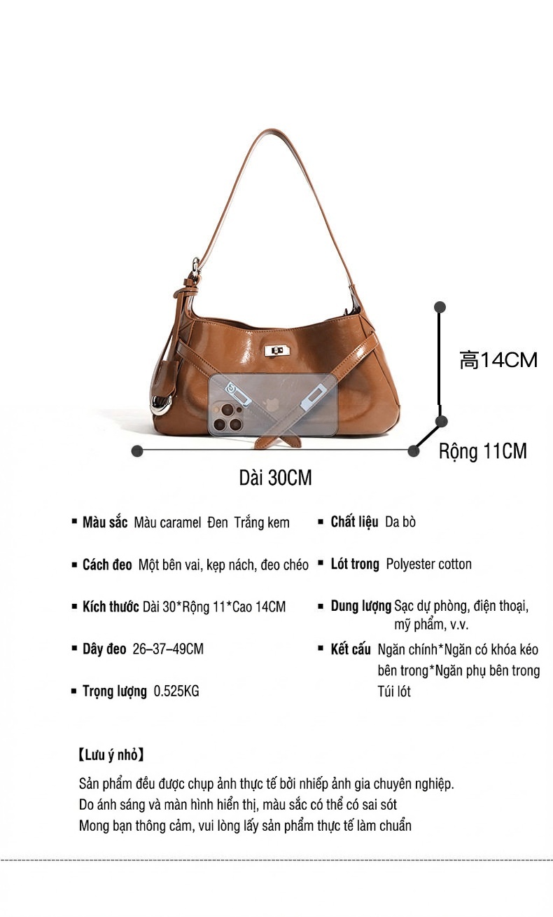 Túi Xách Nữ Da Bóng Đeo Vai/Đeo Chéo/Xách Tay Kiểu Dáng Bánh Bao Màu Đen, Nâu, Trắng chi tiết 8