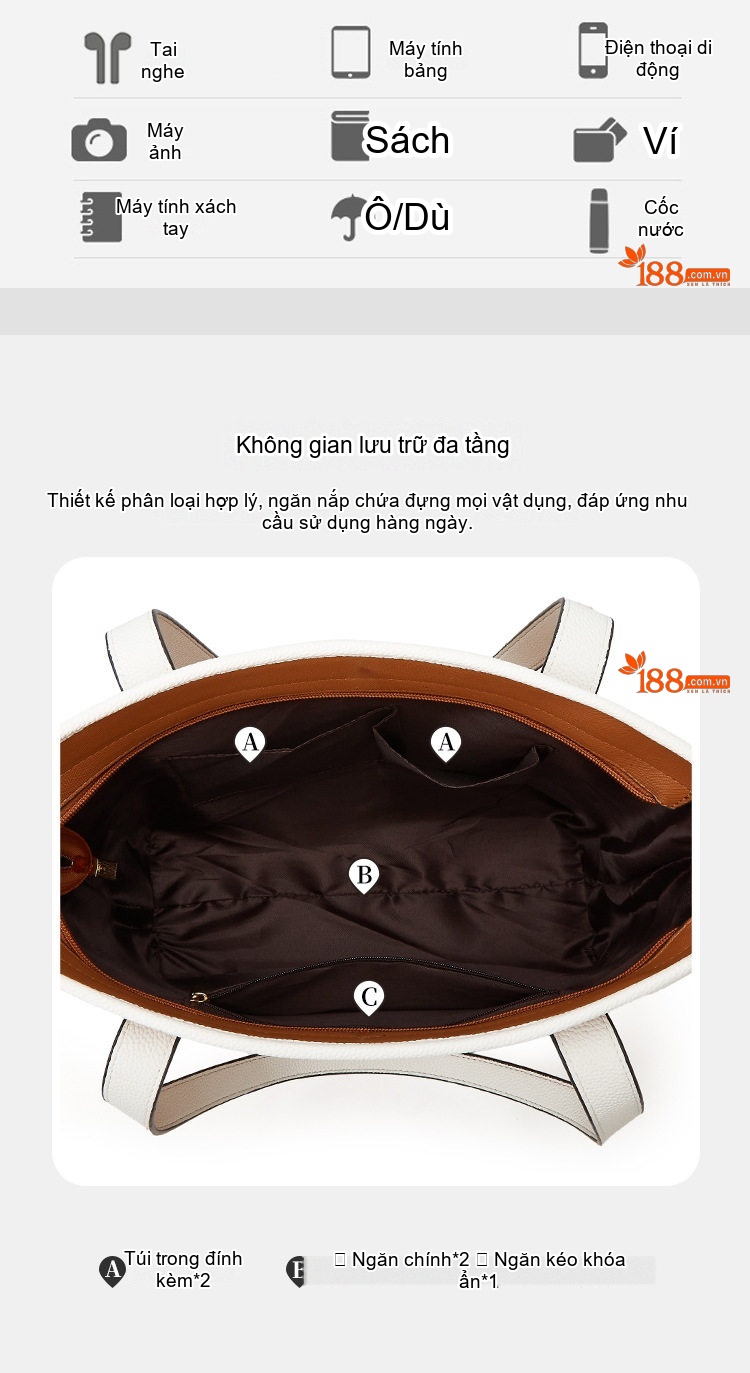 Túi Xách Nữ Da Bóng Đeo Vai, Xách Tay, Bộ 3 Chiếc Thời Trang, Đựng Vừa A4 Màu Trắng, Đen, Nâu, Be... chi tiết 4