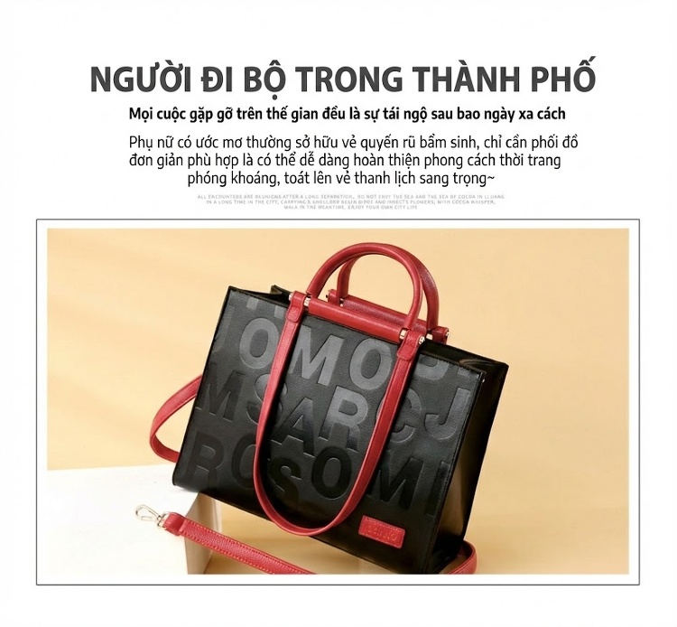 Túi Xách Nữ Da Bóng In Chữ Lớn, Túi Đeo Vai, Túi Đeo Chéo Thời Trang Màu Đen, Đỏ chi tiết 4
