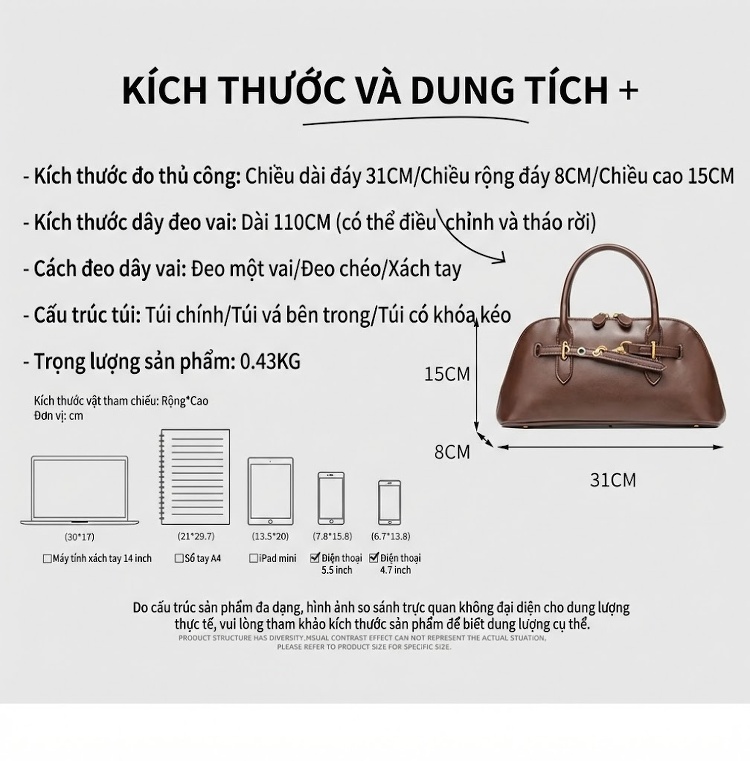 Túi Xách Nữ Da Bóng Kiểu Búp Bê Đeo Vai, Xách Tay, Tote Lớn Màu Đen, Nâu chi tiết 2