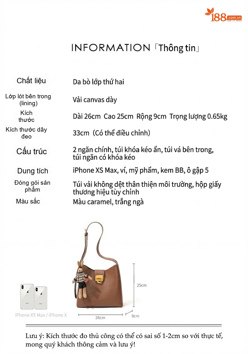 Túi Xách Nữ Da Bóng Kiểu Pháp Dáng Bucket Đeo Vai, Đeo Chéo Màu Be, Nâu chi tiết 3
