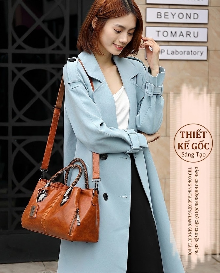 Túi Xách Nữ Da Bóng Phong Cách Âu Mỹ Cổ Điển Đan Dây Đeo Chéo Sức Chứa Lớn Màu Nâu chi tiết 2