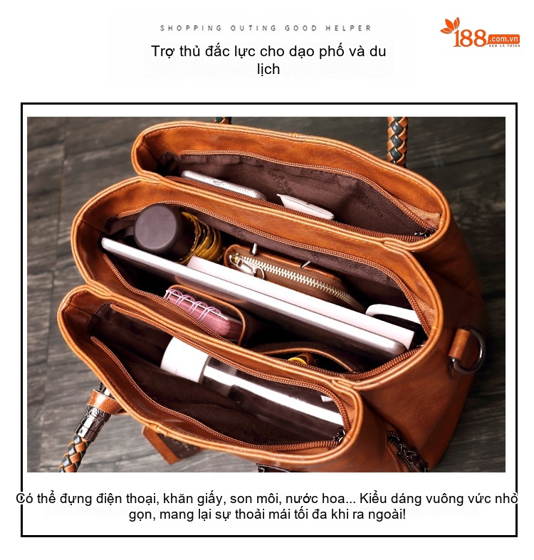 Túi Xách Nữ Da Bóng Phong Cách Âu Mỹ Cổ Điển Đan Dây Đeo Chéo Sức Chứa Lớn Màu Nâu chi tiết 5