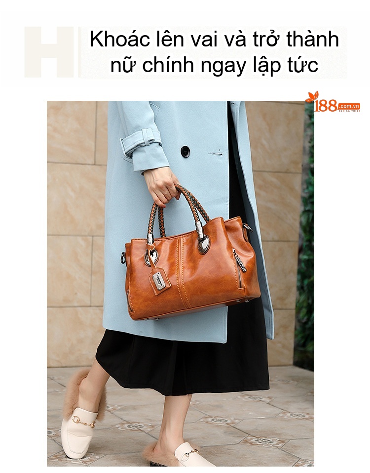 Túi Xách Nữ Da Bóng Phong Cách Âu Mỹ Cổ Điển Đan Dây Đeo Chéo Sức Chứa Lớn Màu Nâu chi tiết 6