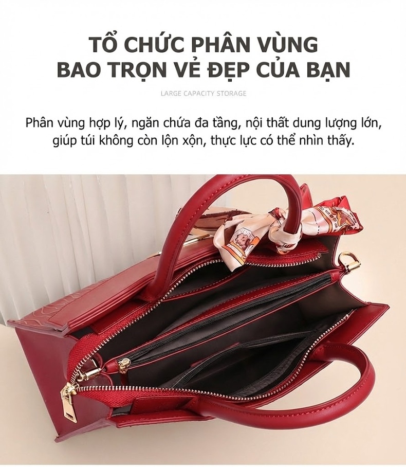 Túi Xách Nữ Da Bóng Quà Tặng Mẹ Cầm Tay Đeo Chéo Cao Cấp Màu Đỏ chi tiết 8