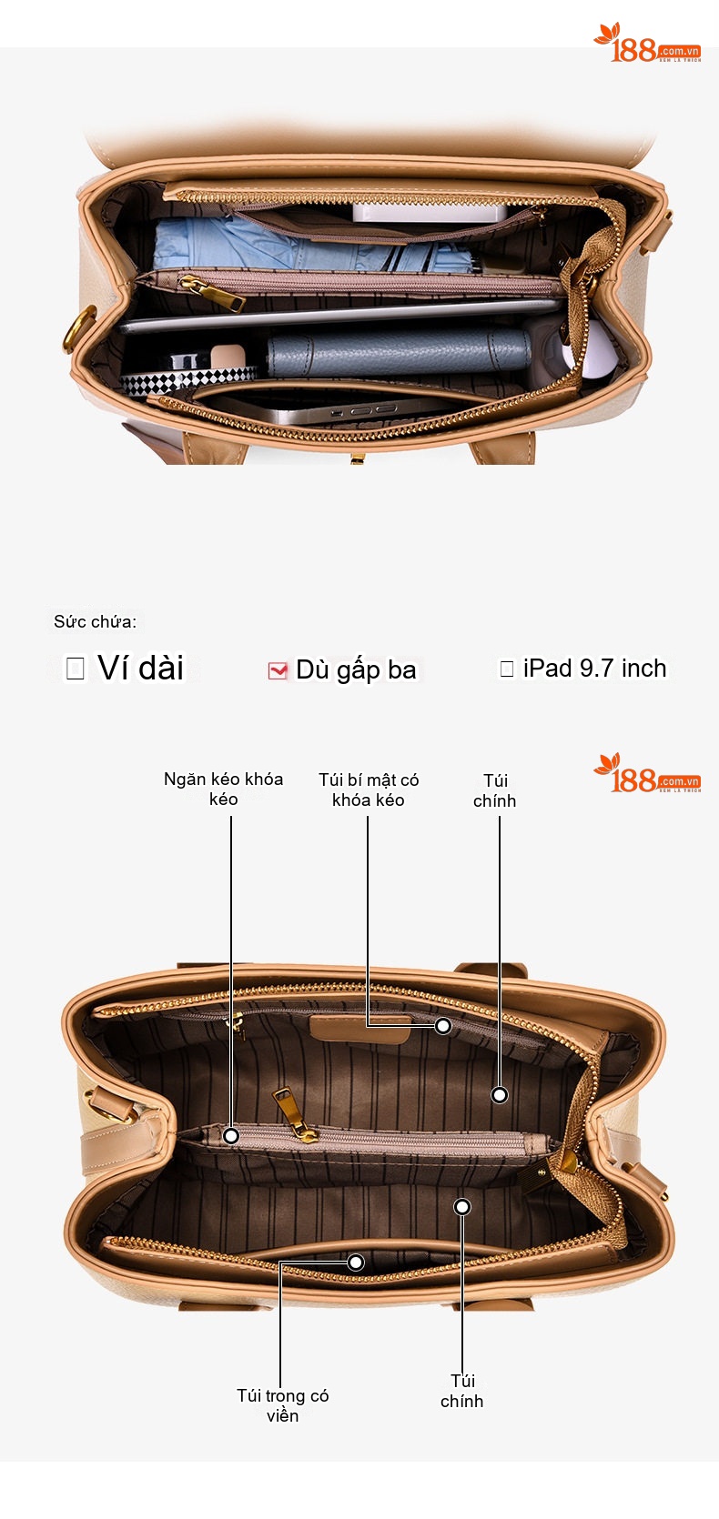 Túi Xách Nữ Da Bóng Quai Xách Tay Dáng Hộp Lớn Đeo Chéo Đi Làm Màu Be, Nâu chi tiết 3