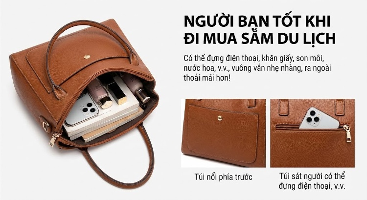 Túi Xách Nữ Da Bóng Retro Châu Âu Đeo Vai, Đeo Chéo, Xách Tay, Dung Tích Lớn Màu Nâu chi tiết 8