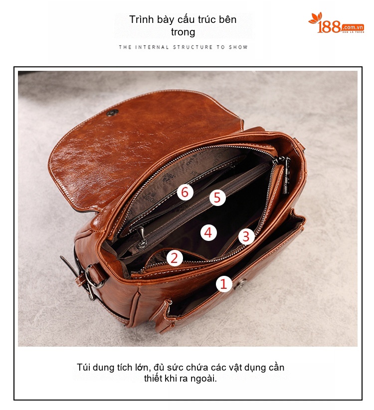 Túi Xách Nữ Da Bóng Retro Châu Âu Đeo Vai, Đeo Chéo, Xách Tay, Dung Tích Lớn Màu Nâu chi tiết 9