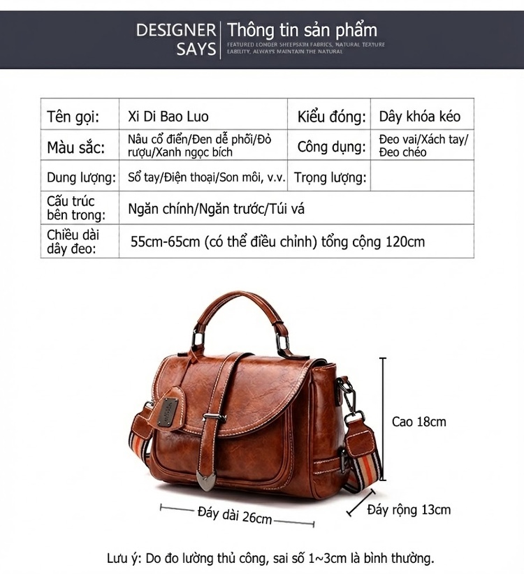 Túi Xách Nữ Da Bóng Retro Châu Âu Đeo Vai, Đeo Chéo, Xách Tay, Dung Tích Lớn Màu Nâu chi tiết 23