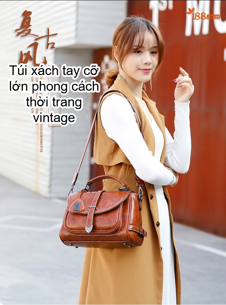 Túi Xách Nữ Da Bóng Retro Châu Âu Đeo Vai, Đeo Chéo, Xách Tay, Dung Tích Lớn Màu Nâu chi tiết 1