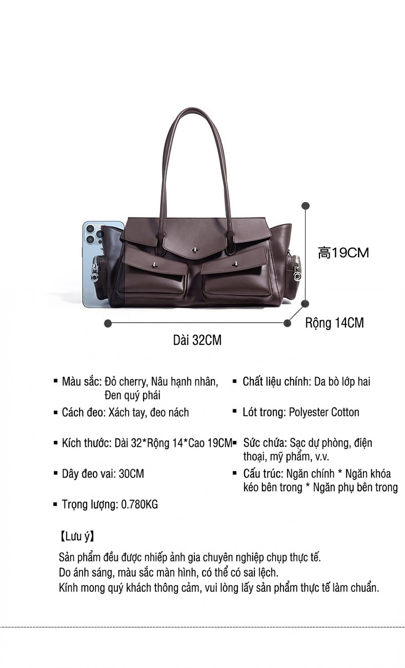 Túi Xách Nữ Da Bóng Retro Nhiều Ngăn Cỡ Lớn Đeo Vai, Đeo Chéo Màu Nâu, Be chi tiết 8