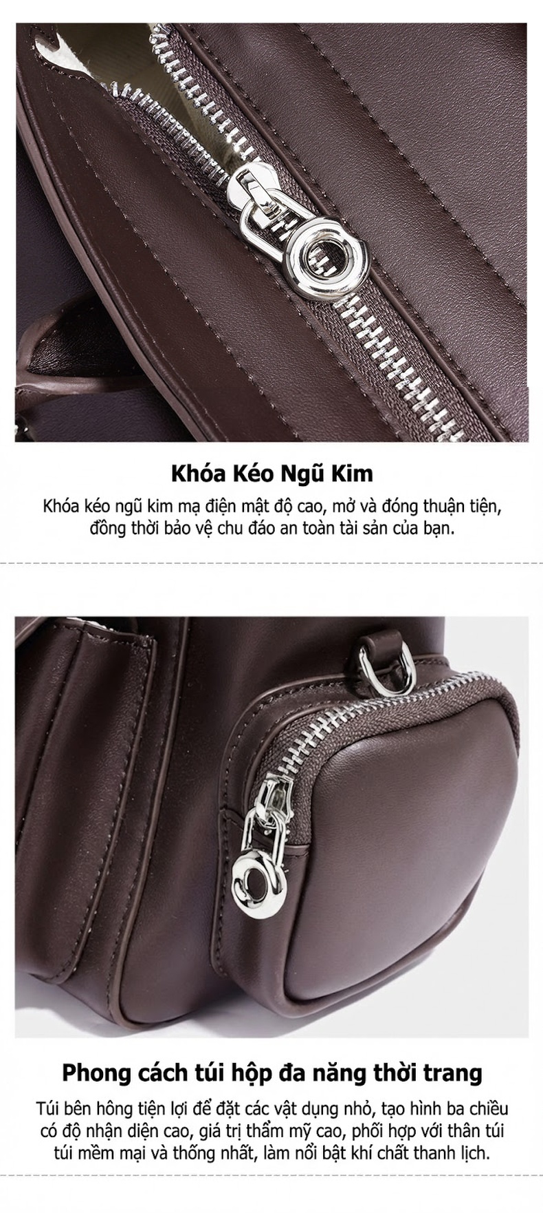 Túi Xách Nữ Da Bóng Retro Nhiều Ngăn Cỡ Lớn Đeo Vai, Đeo Chéo Màu Nâu, Be chi tiết 12