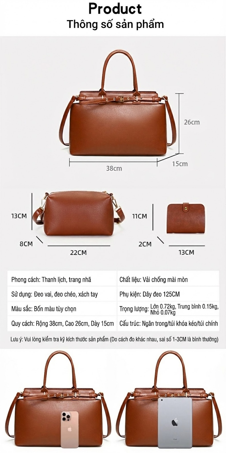 Túi Xách Nữ Da Bóng Set 3 Món Tote Trang Trí Thắt Lưng Phong Cách Công Sở Màu Đen, Nâu, Đỏ, Xanh... chi tiết 10