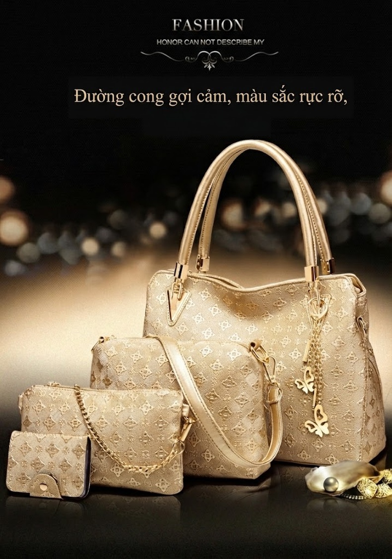 Túi Xách Nữ Da Bóng Set 4 Món Đeo Vai, Đeo Chéo, Xách Tay Màu Vàng Kem, Đen, Xanh Navy chi tiết 14