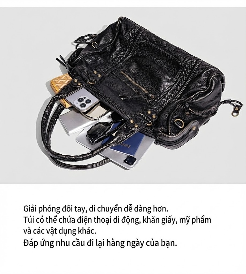 Túi Xách Nữ Da Bóng Sức Chứa Lớn Kiểu Cổ Điển Pháp Đeo Vai, Đeo Chéo, Xách Tay Màu Đen chi tiết 2