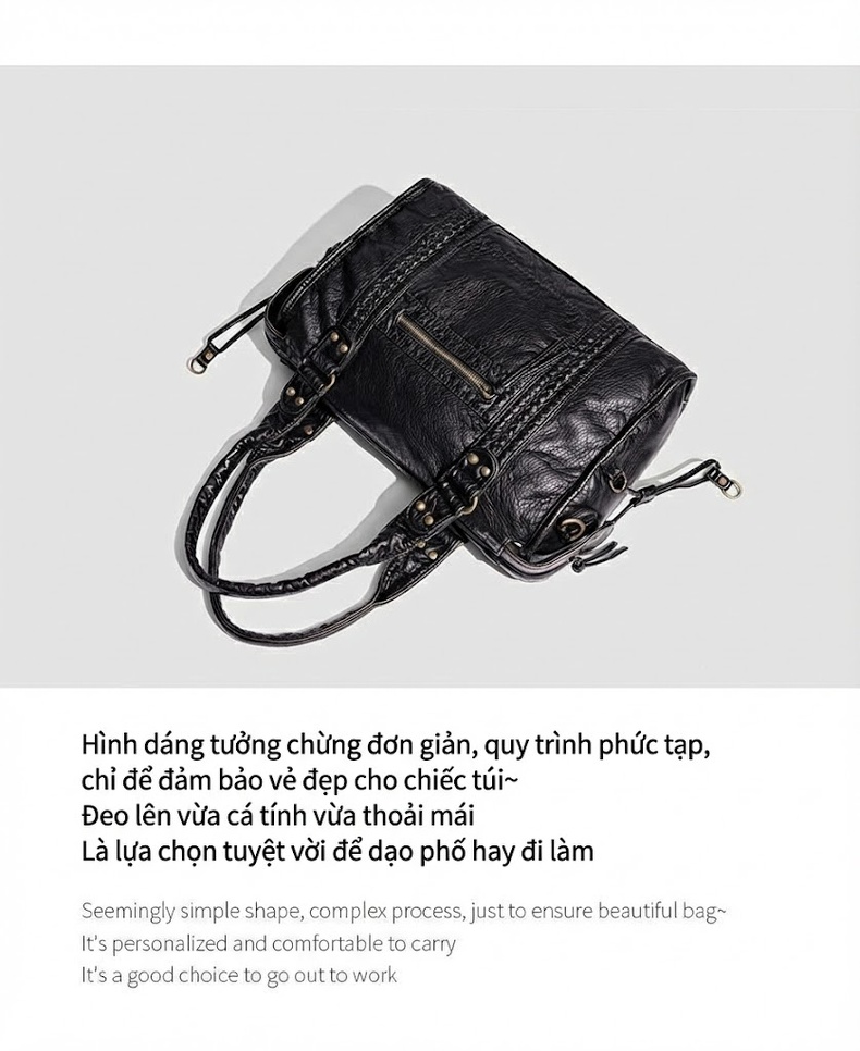Túi Xách Nữ Da Bóng Sức Chứa Lớn Kiểu Cổ Điển Pháp Đeo Vai, Đeo Chéo, Xách Tay Màu Đen chi tiết 5