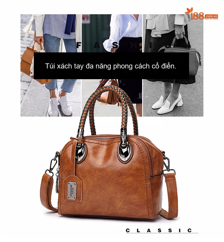Túi Xách Nữ Da Bóng Tay Xách Đan Màu Nâu, Xanh chi tiết 3