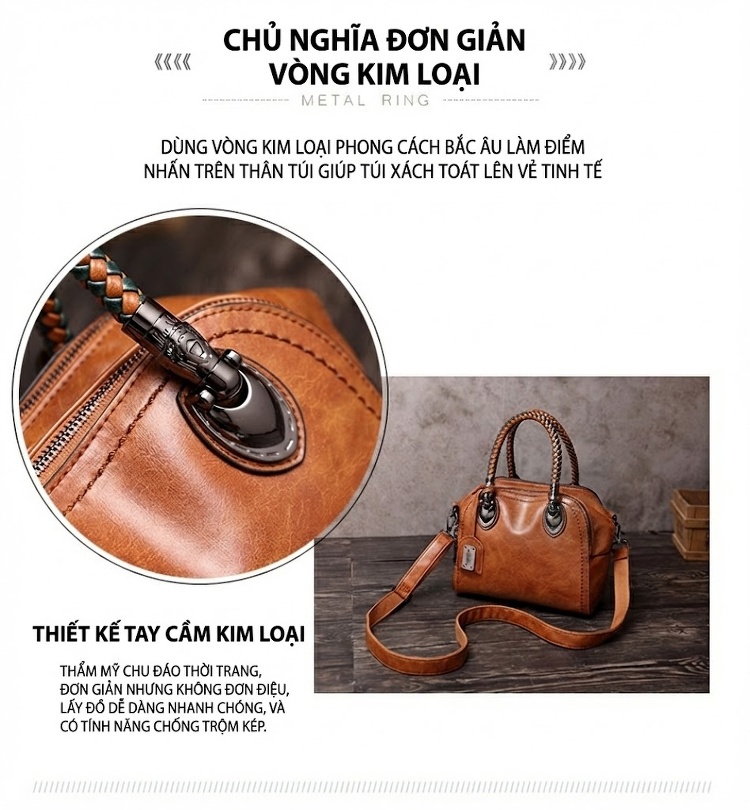 Túi Xách Nữ Da Bóng Tay Xách Đan Màu Nâu, Xanh chi tiết 13