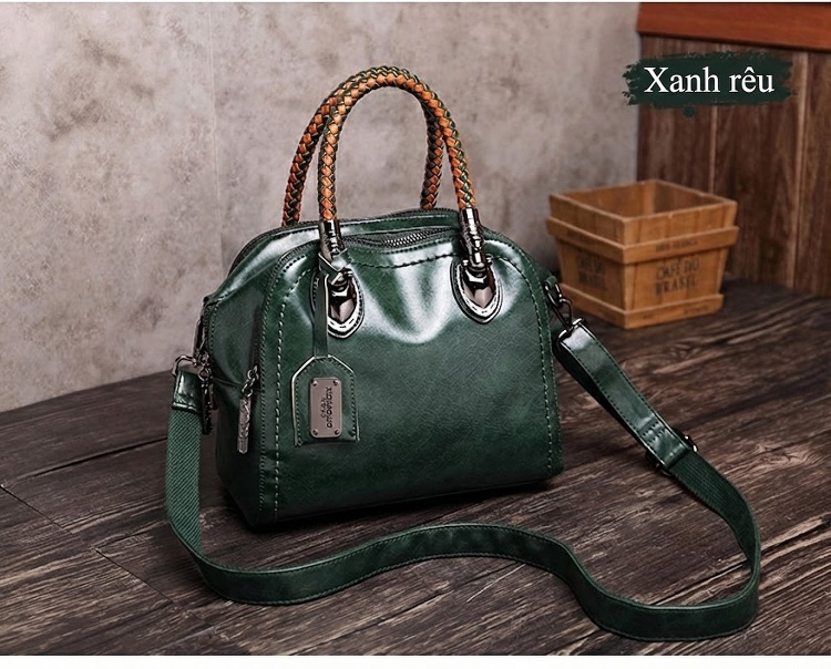 Túi Xách Nữ Da Bóng Tay Xách Đan Màu Nâu, Xanh chi tiết 28