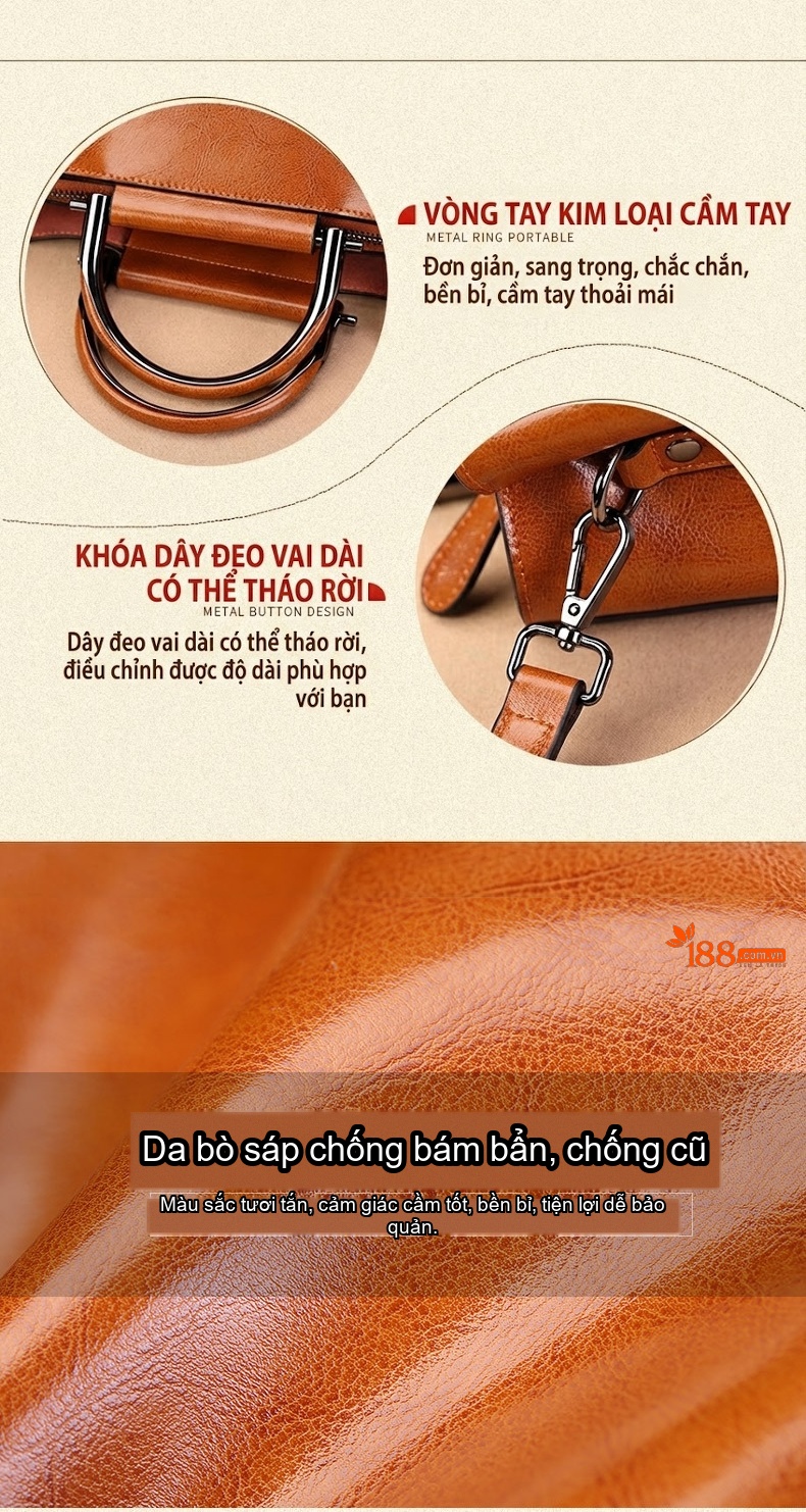 Túi Xách Nữ Da Bóng Thiết Kế Âu Mỹ Đeo Vai, Đeo Chéo, Xách Tay Màu Nâu, Đen, Đỏ chi tiết 4