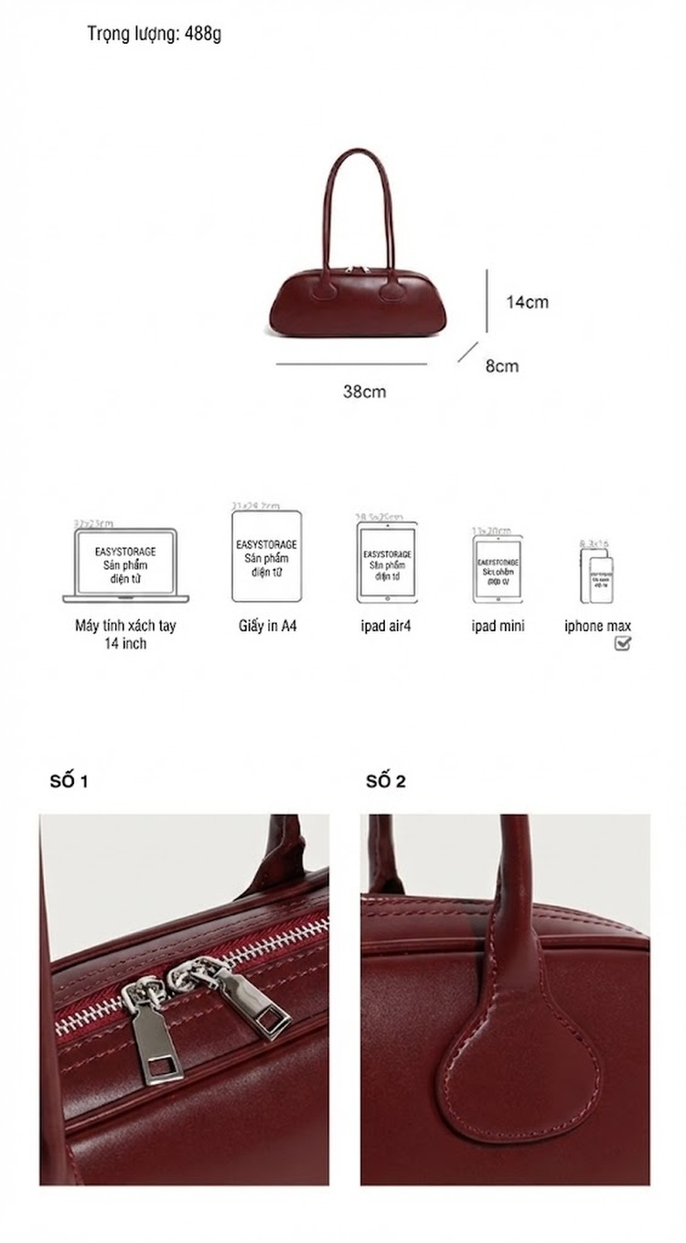 Túi Xách Nữ Da Bóng Thiết Kế Vintage Đeo Vai, Xách Tay, Túi Kẹp Nách Màu Đen, Nâu, Kem, Đỏ chi tiết 3