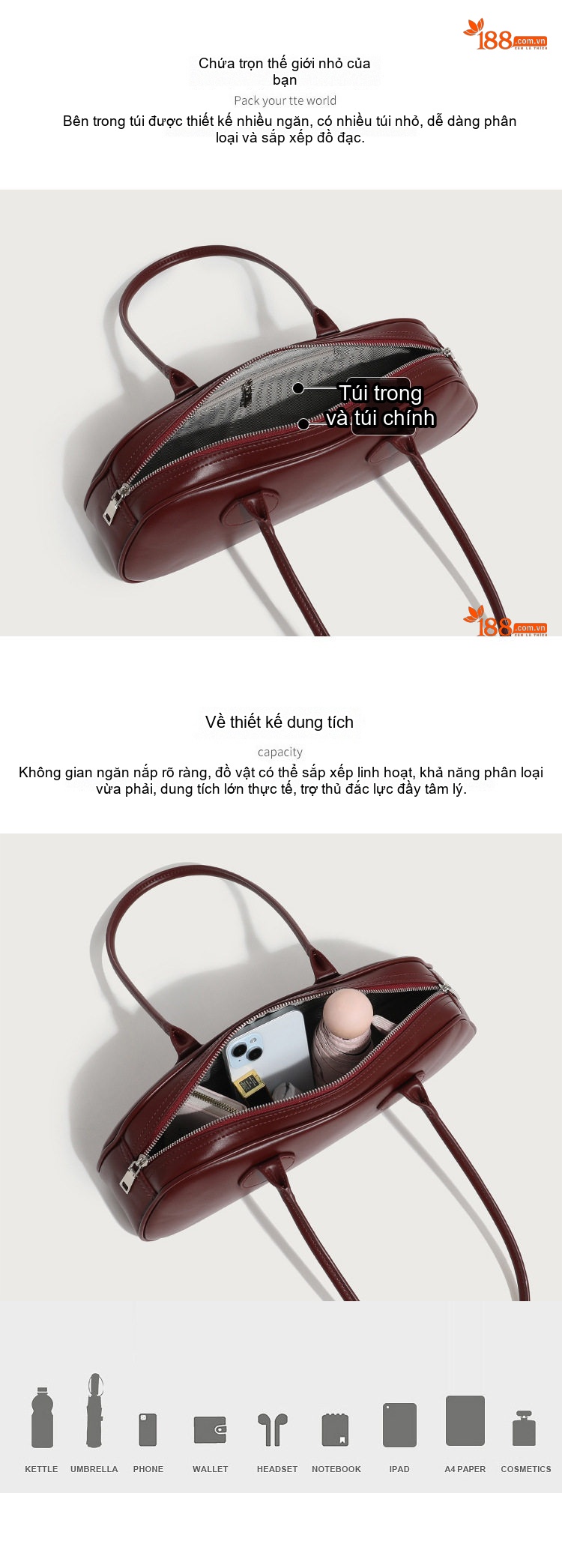 Túi Xách Nữ Da Bóng Thiết Kế Vintage Đeo Vai, Xách Tay, Túi Kẹp Nách Màu Đen, Nâu, Kem, Đỏ chi tiết 4