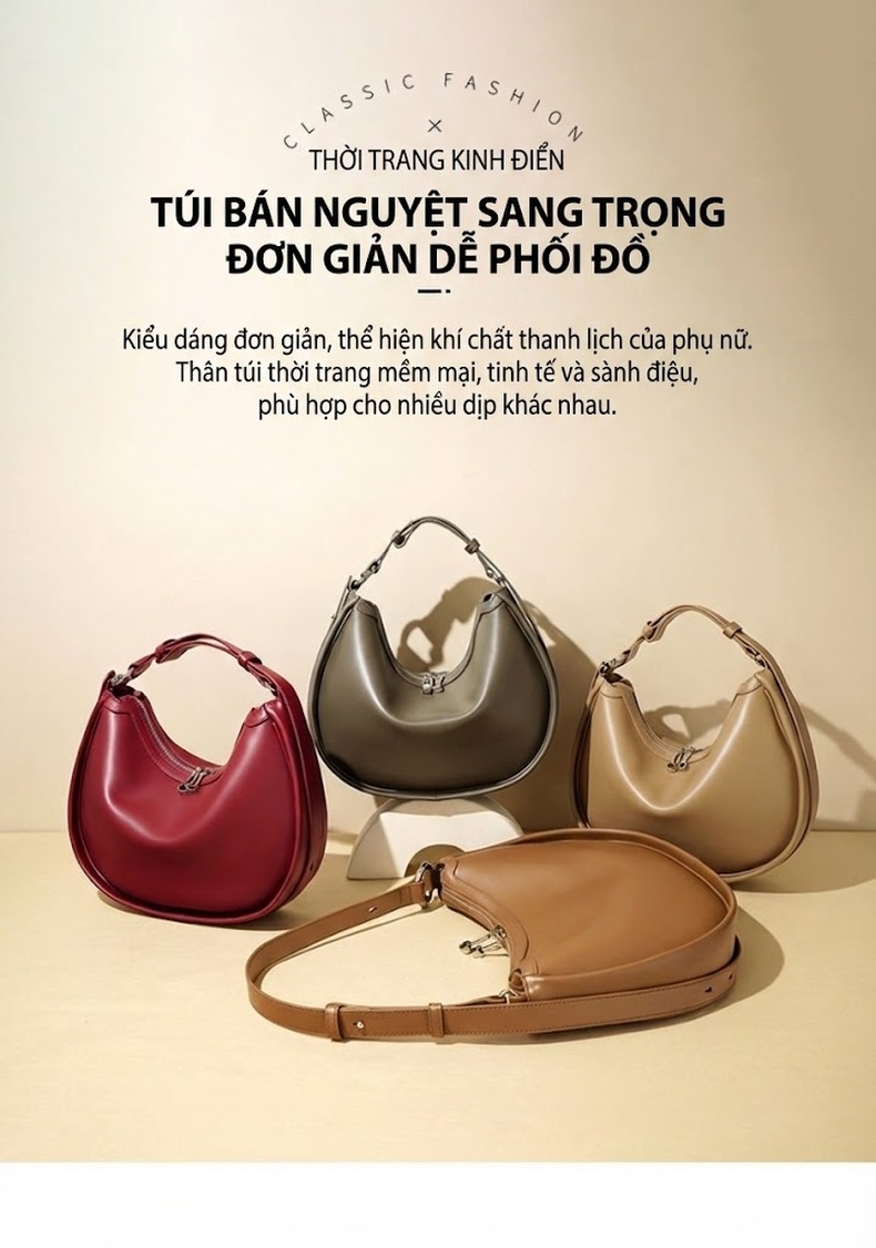 Túi Xách Nữ Da Bóng Thiết Kế Y2K Đeo Vai, Xách Tay Hình Trăng Lưỡi Liềm Màu Nâu, Xám, Đỏ chi tiết 2