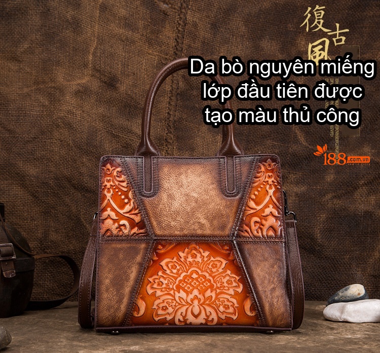 Túi Xách Nữ Da Cao Cấp Khắc Hoa Văn Thủ Công Dáng Đứng Màu Nâu, Xanh, Đỏ... chi tiết 1