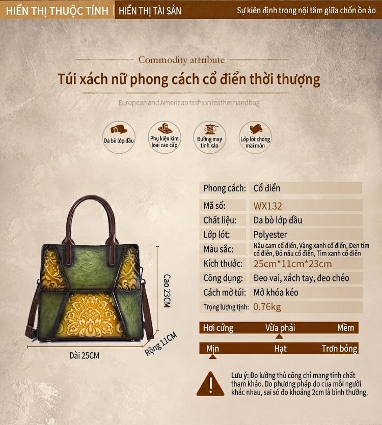 Túi Xách Nữ Da Cao Cấp Khắc Hoa Văn Thủ Công Dáng Đứng Màu Nâu, Xanh, Đỏ... chi tiết 2