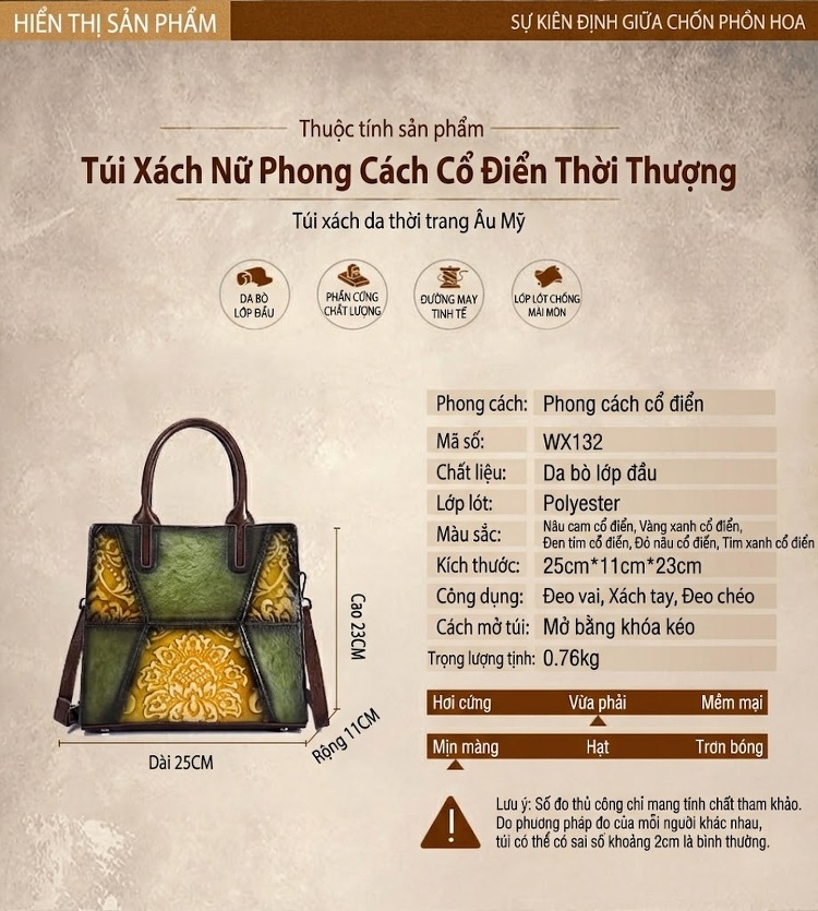 Túi Xách Nữ Da Cao Cấp Khắc Hoa Văn Thủ Công Dáng Đứng Màu Nâu, Xanh, Đỏ... chi tiết 31