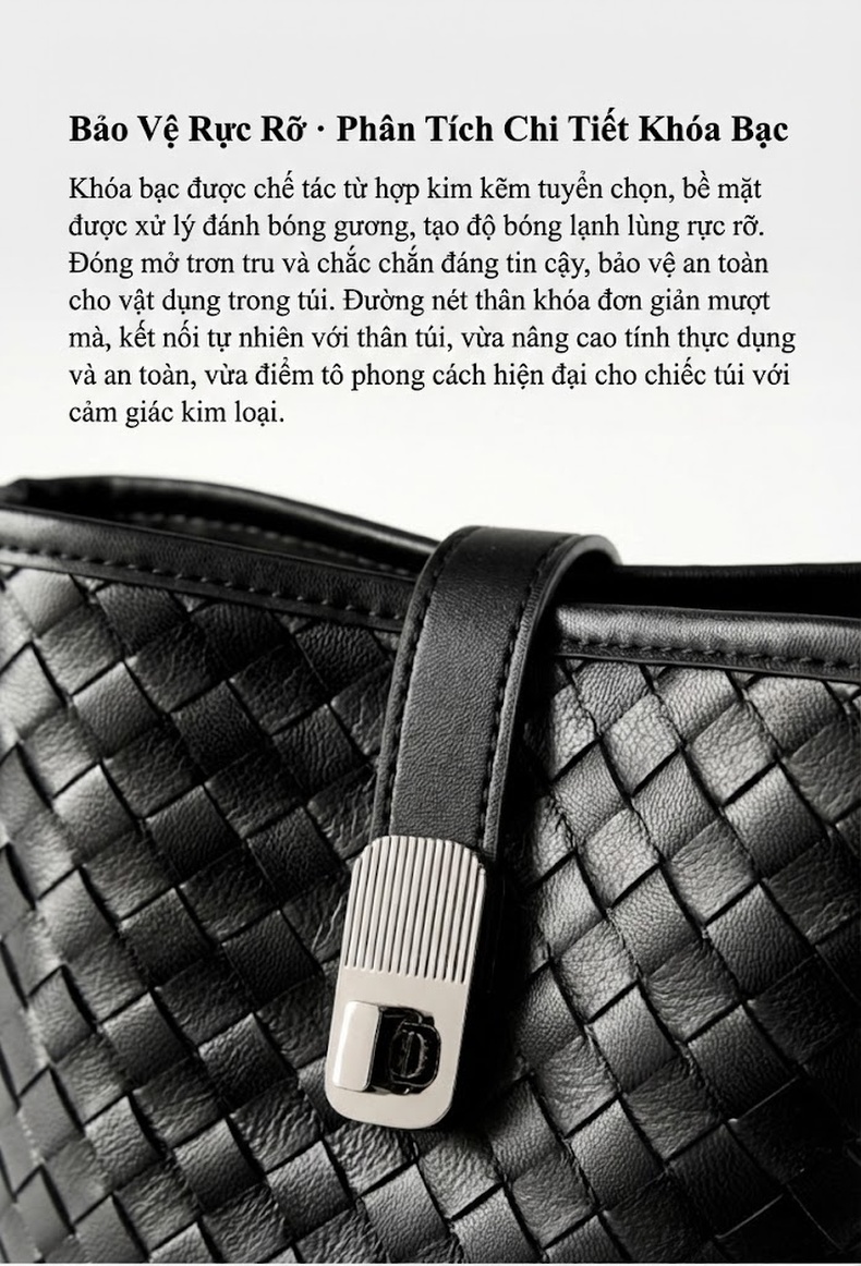 Túi Xách Nữ Da Cừu Đan Họa Tiết Dáng Thùng Xách Tay Đeo Chéo Phong Cách Thanh Lịch Màu Trắng, Xanh, Đen chi tiết 7