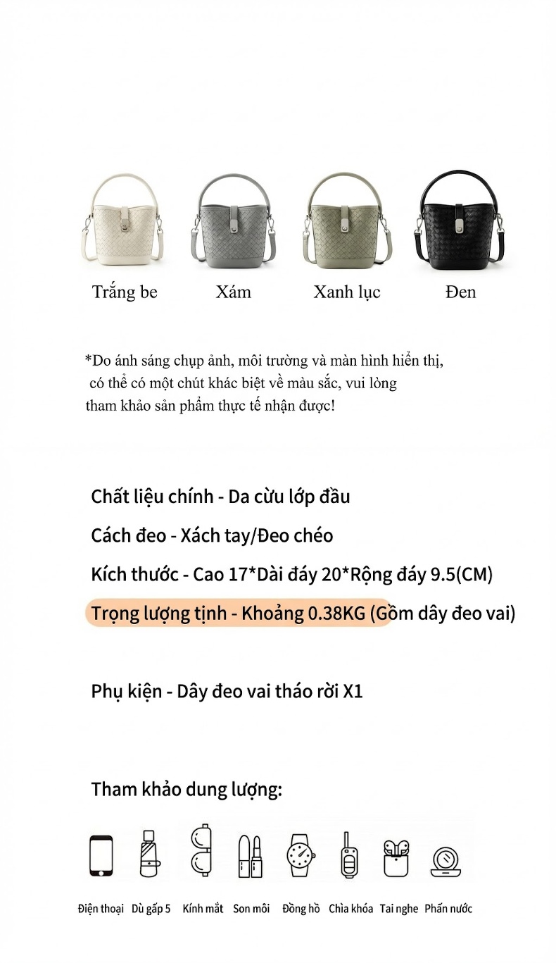 Túi Xách Nữ Da Cừu Đan Họa Tiết Dáng Thùng Xách Tay Đeo Chéo Phong Cách Thanh Lịch Màu Trắng, Xanh, Đen chi tiết 2