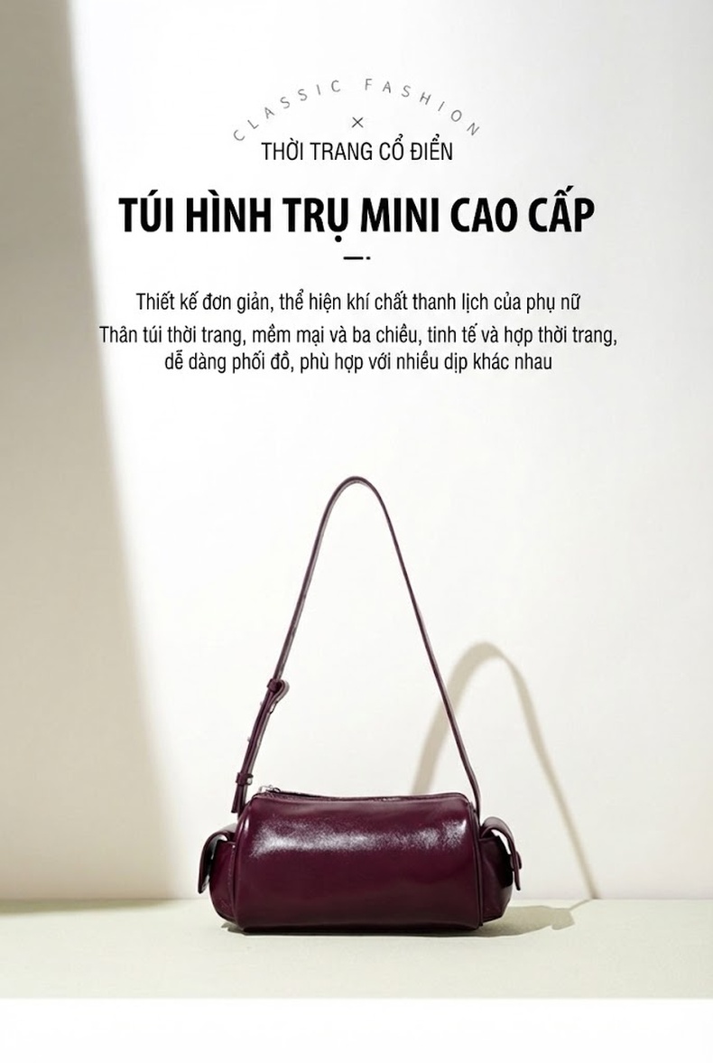Túi Xách Nữ Da Cừu Thiết Kế Mini Đeo Vai, Xách Tay Màu Đen, Đỏ Rượu chi tiết 1
