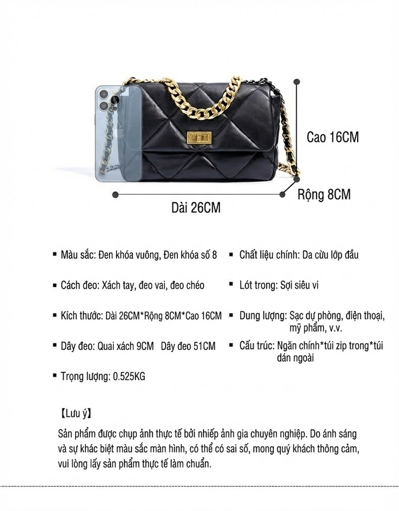 Túi Xách Nữ Da Cừu Trám Ô, Dây Xích Đeo Vai Đeo Chéo Phong Cách Tiểu Hương Màu Đen chi tiết 21