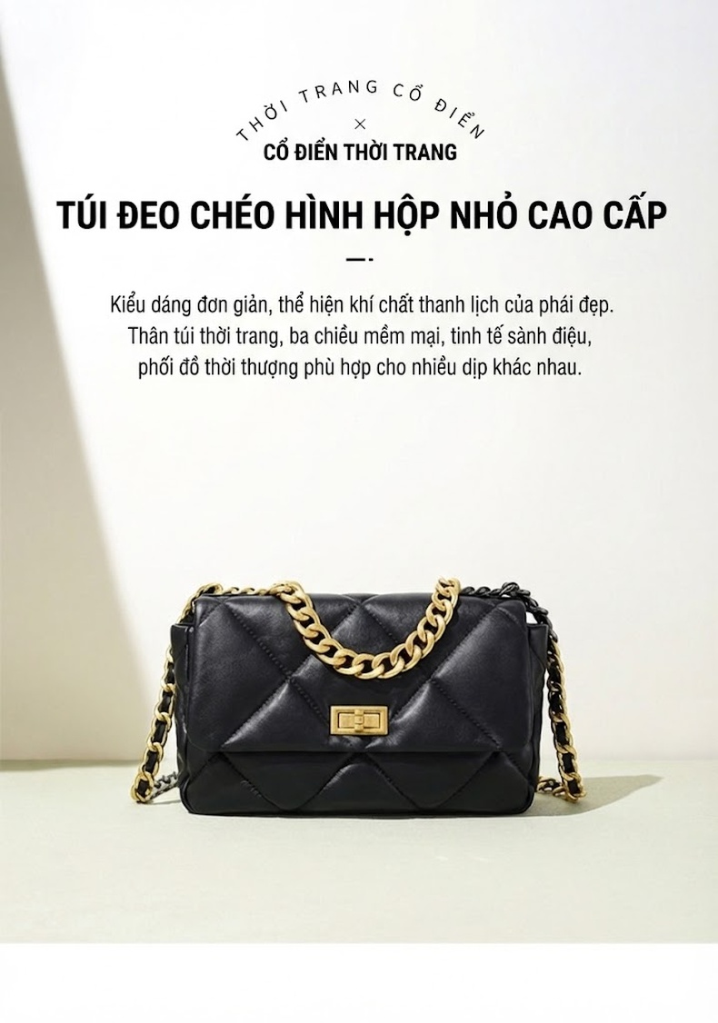Túi Xách Nữ Da Cừu Trám Ô, Dây Xích Đeo Vai Đeo Chéo Phong Cách Tiểu Hương Màu Đen chi tiết 1