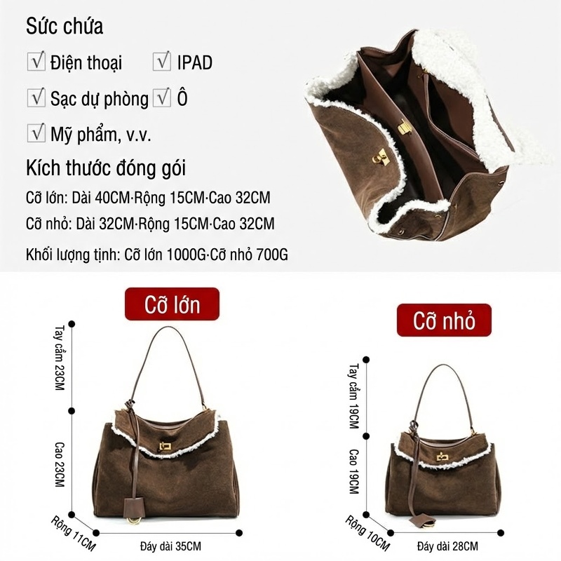 Túi Xách Nữ Da Lộn Quai Xách Tay Đeo Chéo Phong Cách Công Sở Màu Nâu