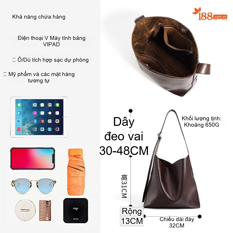 Túi Xách Nữ Da Mềm Cao Cấp Dáng Bucket Đeo Vai, Xách Tay, Đeo Chéo, Sức Chứa Lớn Màu Nâu