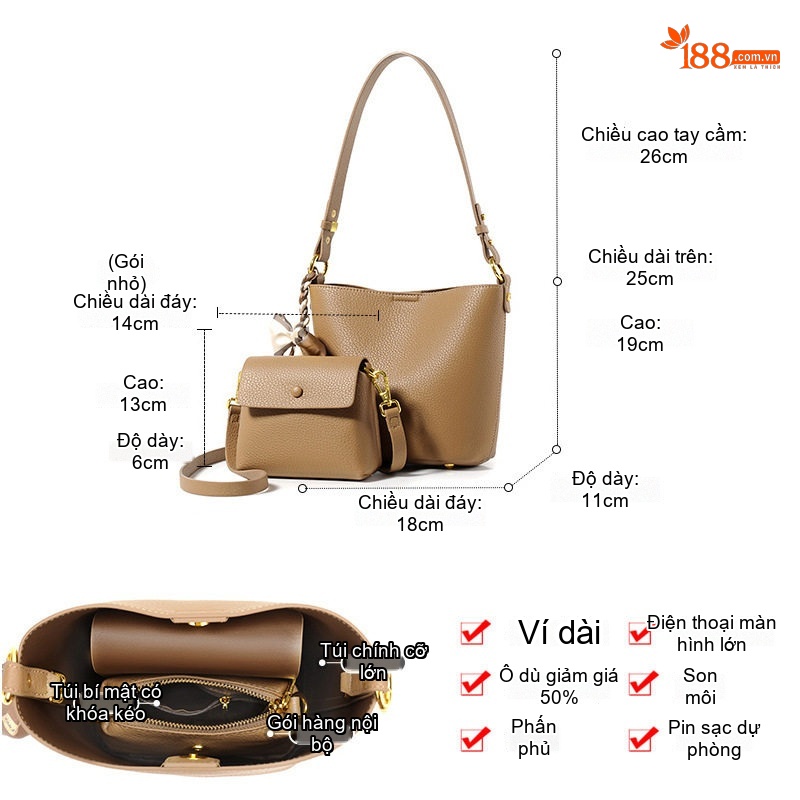 Túi Xách Nữ Da Mềm Dáng Xô Đeo Vai, Đeo Chéo Thời Trang Màu Nâu, Trắng, Đen