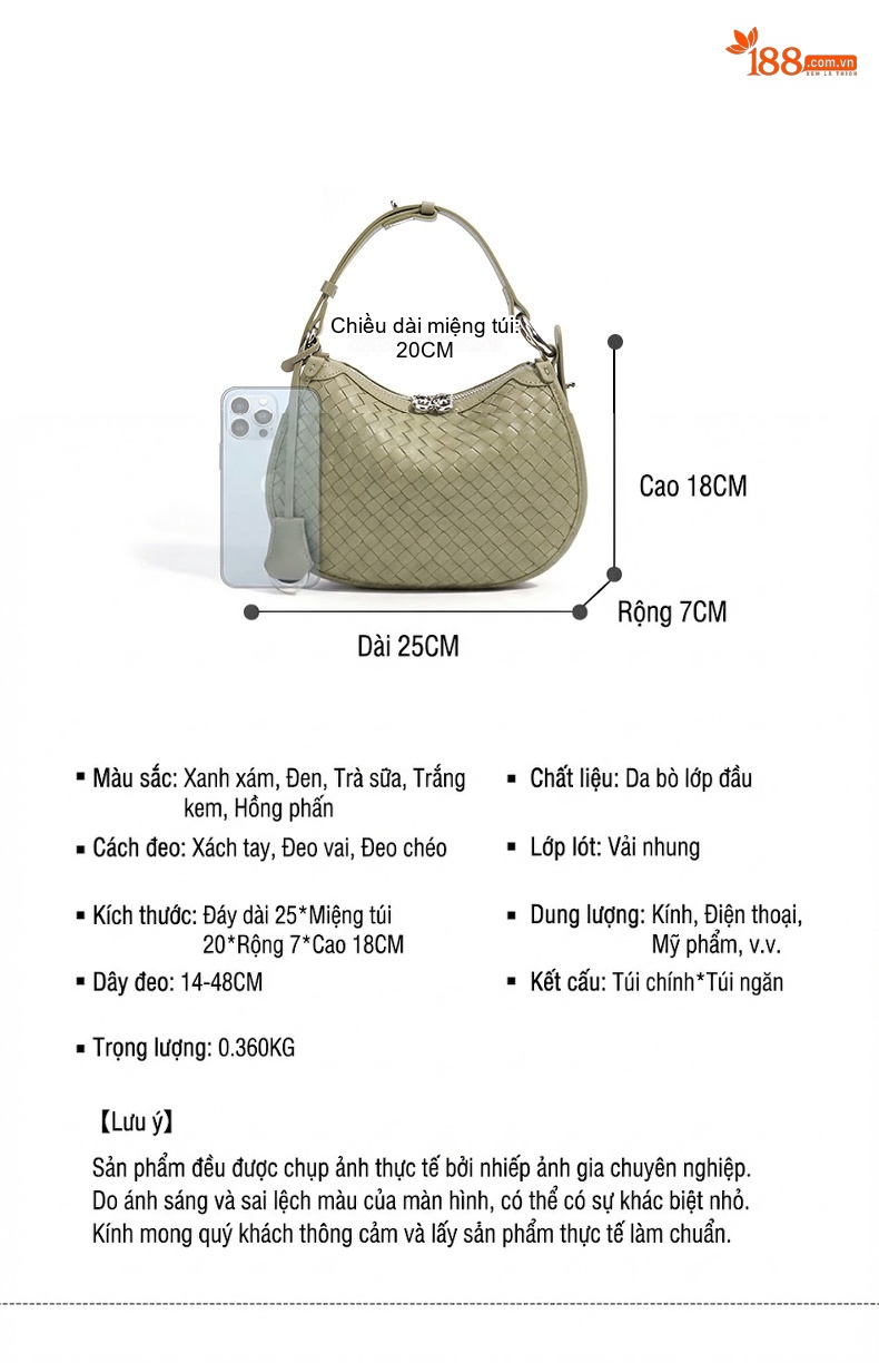 Túi Xách Nữ Da Mềm Đeo Vai/Kẹp Nách/Đeo Chéo Thiết Kế Đan Màu Xanh Olive chi tiết 7