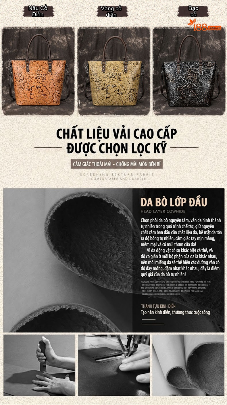 Túi Xách Nữ Da Mềm Vintage Công Sở Da Thật Sức Chứa Lớn Đeo Vai Phong Cách Âu Mỹ Màu Đen, Vàng, Cam chi tiết 1