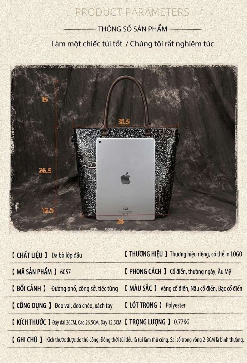 Túi Xách Nữ Da Mềm Vintage Công Sở Da Thật Sức Chứa Lớn Đeo Vai Phong Cách Âu Mỹ Màu Đen, Vàng, Cam chi tiết 2